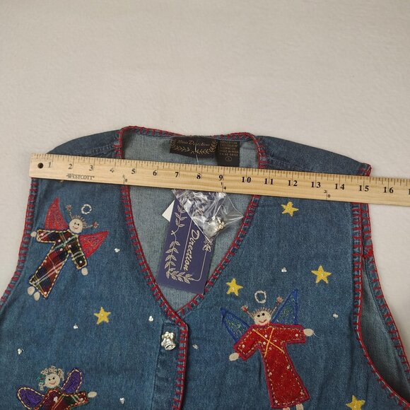 VTG New Direction Denim Vest Womens sz L Christmas Angel Embroidered - Picture 9 of 10